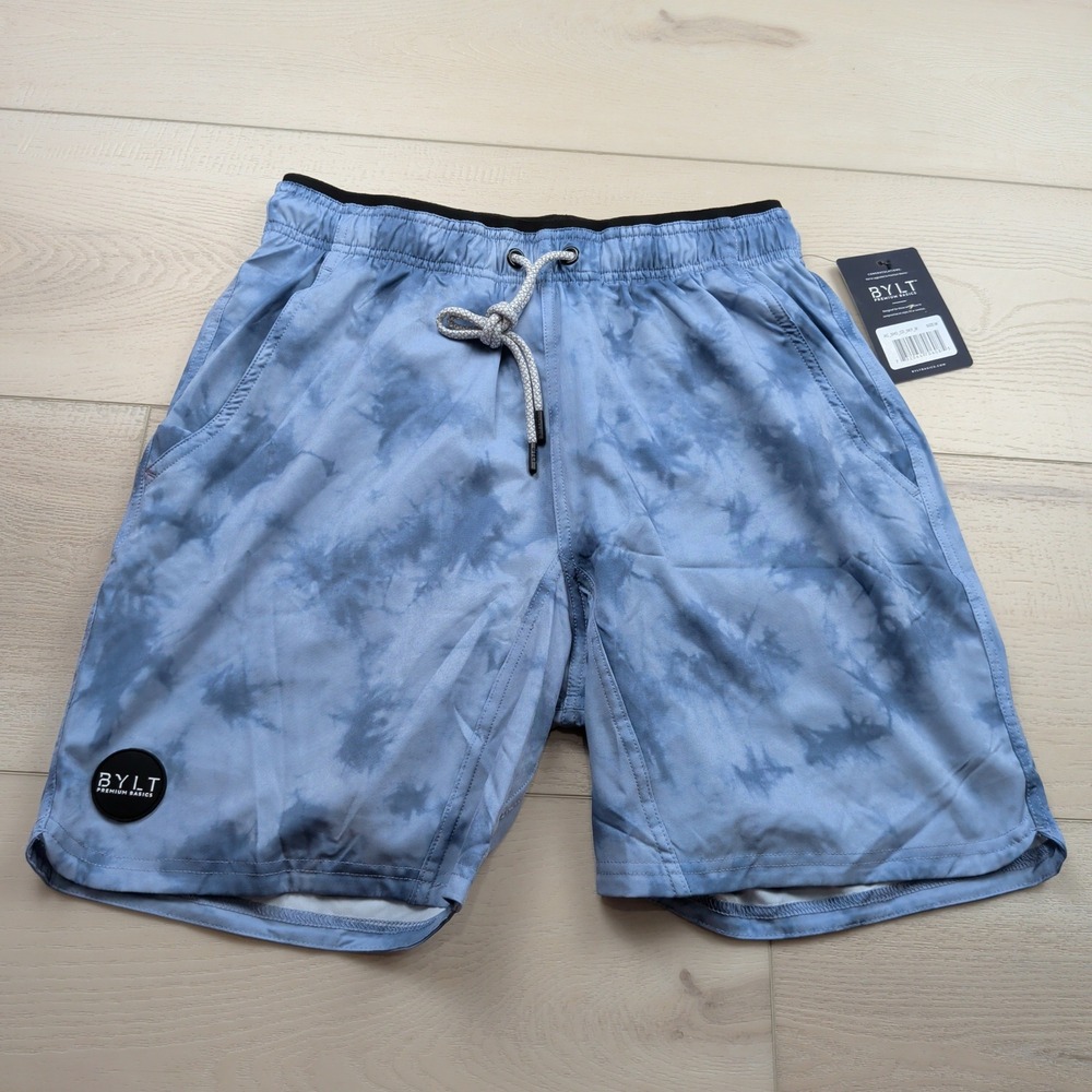 NEW BYLT Premium Basics Active Short Mens Medium Blue Tie Dye Sky Cloud Print